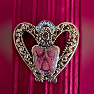 Vintage Celtic Angel Over Your Heart Brooch with Pink Enamel and Rhinestones